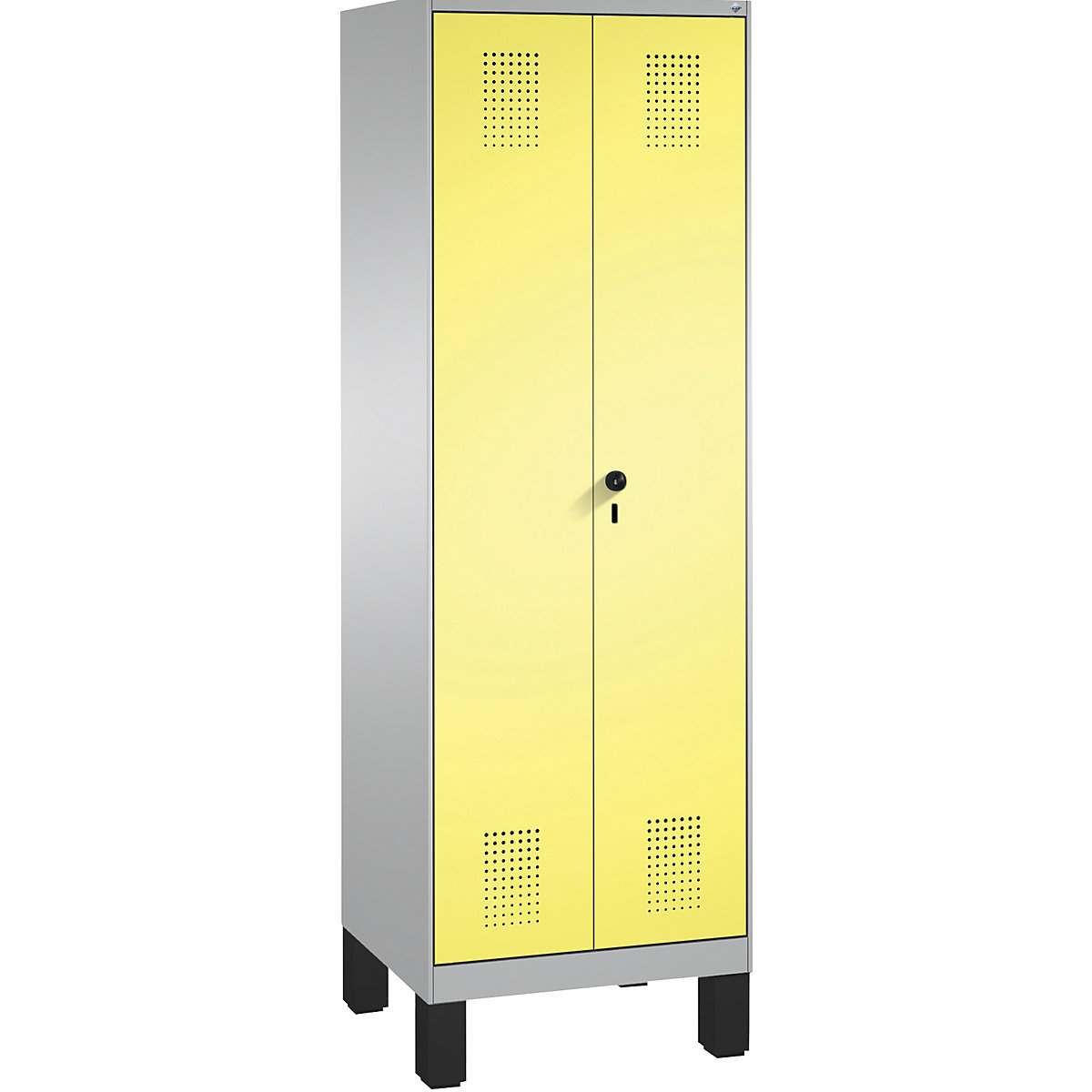 EVOLO storage cupboard, doors close in the middle, with feet – C+P, 2 compartments, 8 shelves, compartment width 300 mm, white aluminium / sulphur yellow
