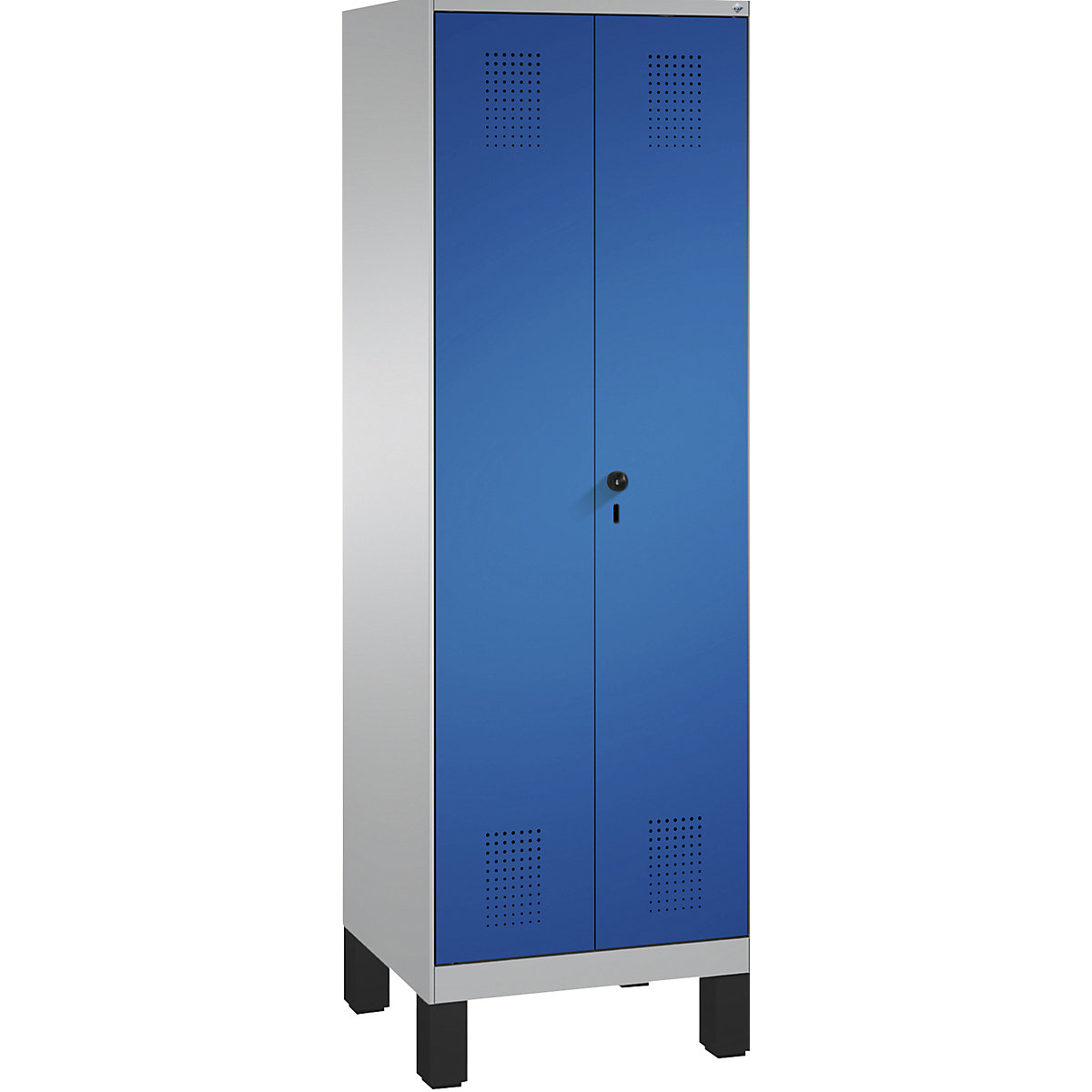 EVOLO storage cupboard, doors close in the middle, with feet – C+P, 2 compartments, 8 shelves, compartment width 300 mm, white aluminium / gentian blue