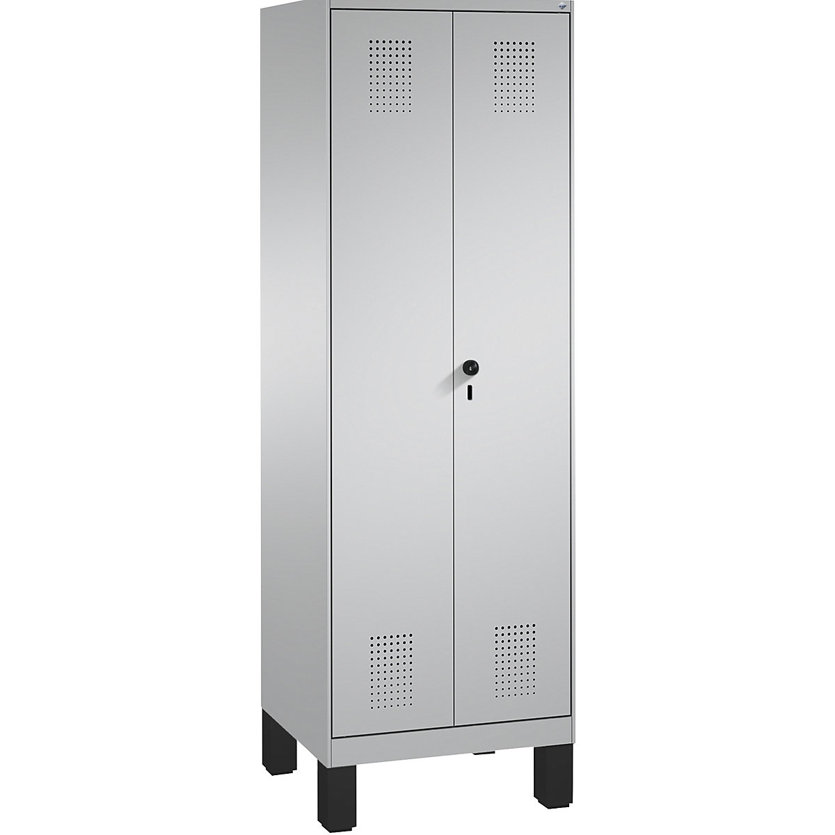 EVOLO storage cupboard, doors close in the middle, with feet – C+P, 2 compartments, 8 shelves, compartment width 300 mm, white aluminium / white aluminium