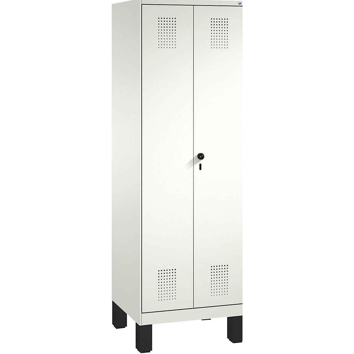 EVOLO storage cupboard, doors close in the middle, with feet – C+P, 2 compartments, 8 shelves, compartment width 300 mm, traffic white / traffic white
