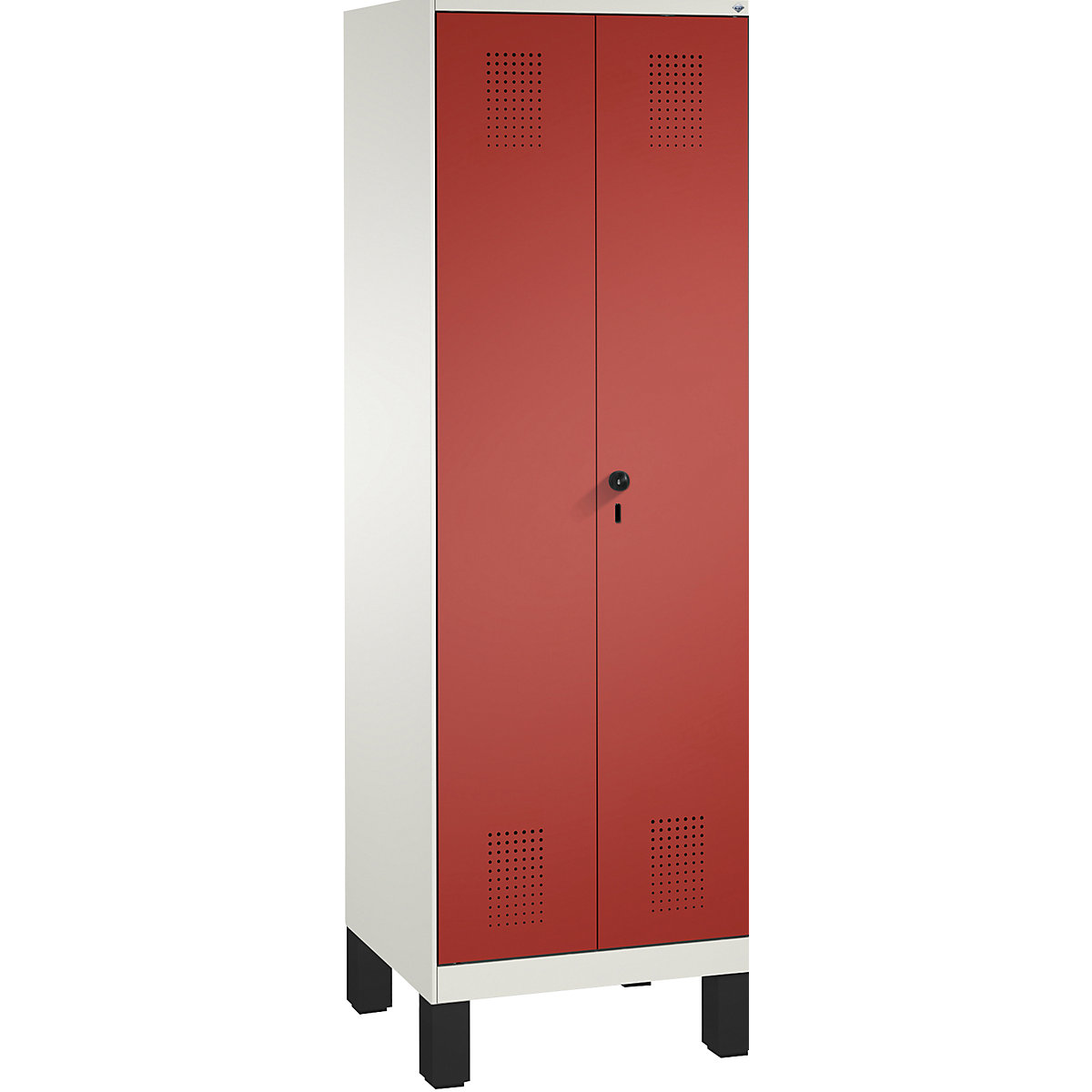 EVOLO storage cupboard, doors close in the middle, with feet – C+P, 2 compartments, 8 shelves, compartment width 300 mm, traffic white / flame red
