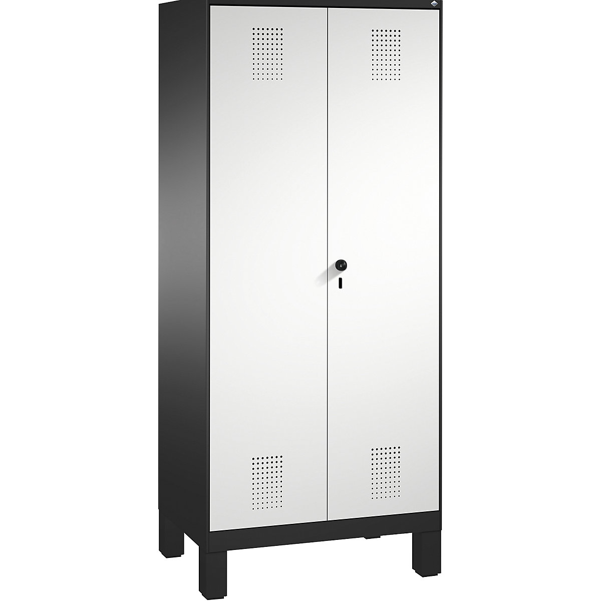 EVOLO storage cupboard, doors close in the middle, with feet – C+P, 2 compartments, 8 shelves, compartment width 400 mm, black grey / light grey-6