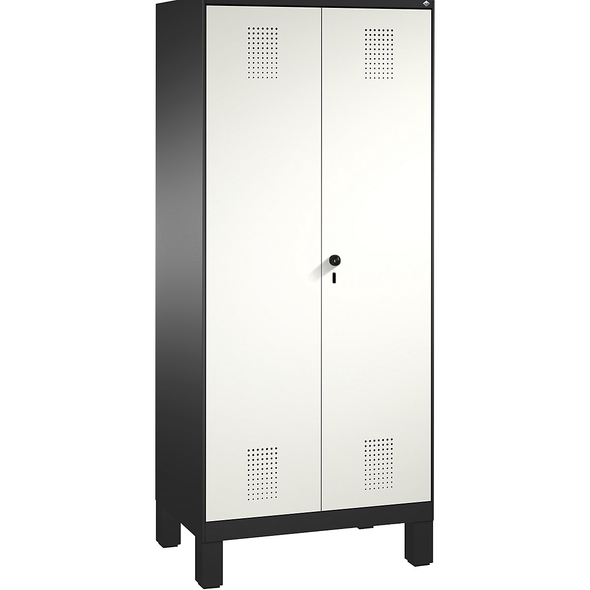 EVOLO storage cupboard, doors close in the middle, with feet – C+P, 2 compartments, 8 shelves, compartment width 400 mm, black grey / traffic white-16