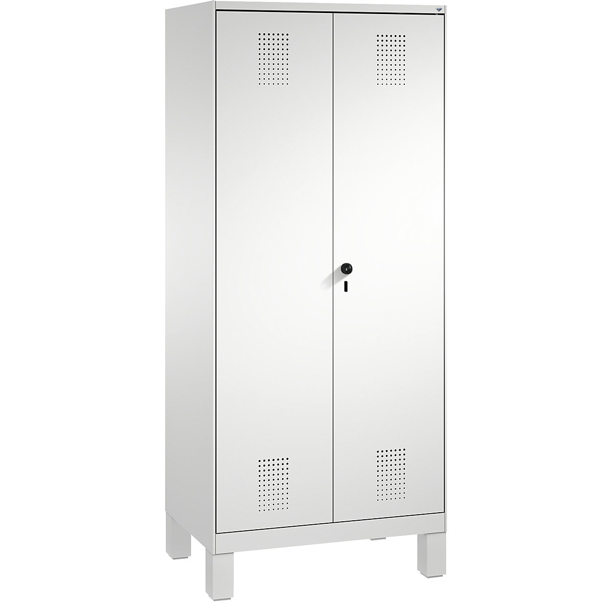 EVOLO storage cupboard, doors close in the middle, with feet – C+P, 2 compartments, 8 shelves, compartment width 400 mm, light grey-8