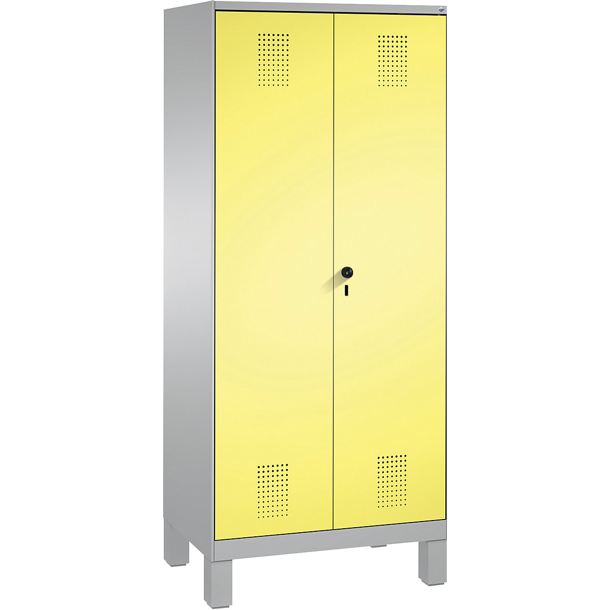 EVOLO storage cupboard, doors close in the middle, with feet – C+P, 2 compartments, 8 shelves, compartment width 400 mm, white aluminium / sulphur yellow-2