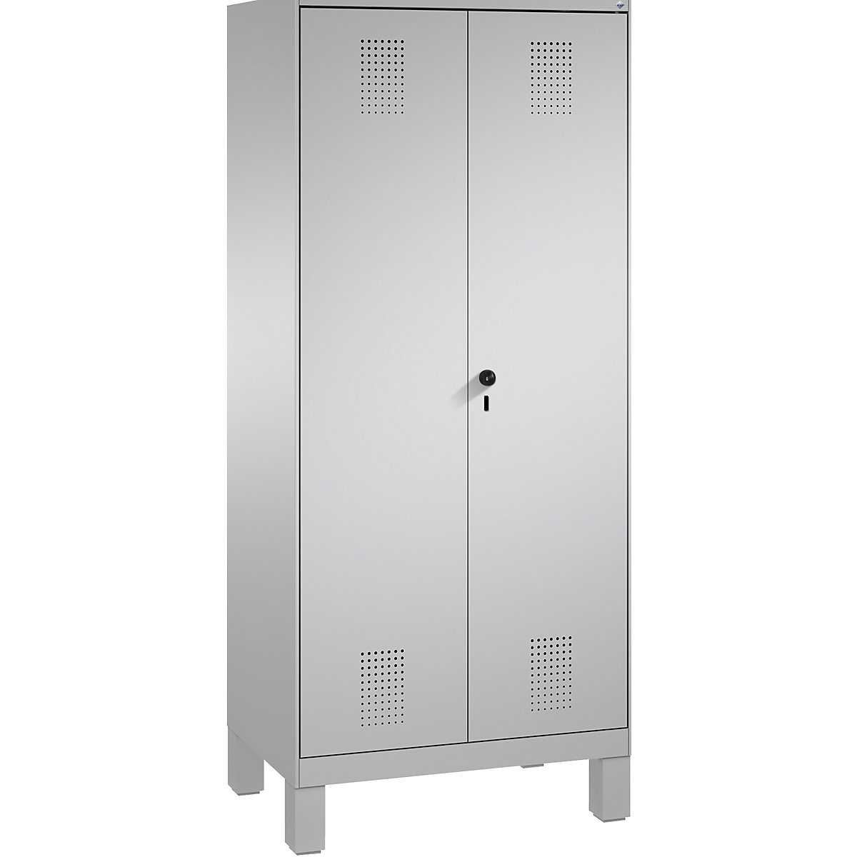 EVOLO storage cupboard, doors close in the middle, with feet – C+P, 2 compartments, 8 shelves, compartment width 400 mm, white aluminium / white aluminium-5