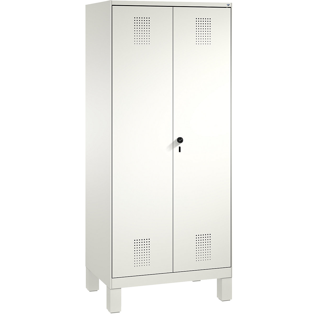 EVOLO storage cupboard, doors close in the middle, with feet – C+P, 2 compartments, 8 shelves, compartment width 400 mm, traffic white / traffic white-14