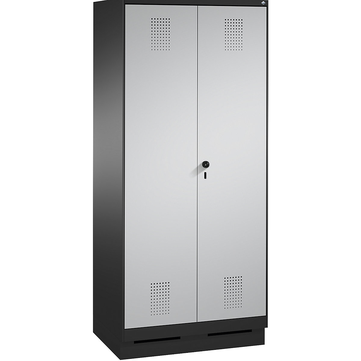EVOLO storage cupboard, doors close in the middle, with plinth – C+P, 2 compartments, compartment width 400 mm, with 8 shelves, black grey / white aluminium-9