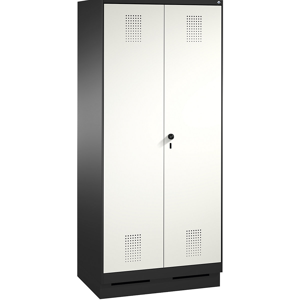 EVOLO storage cupboard, doors close in the middle, with plinth – C+P, 2 compartments, compartment width 400 mm, with 8 shelves, black grey / traffic white-7