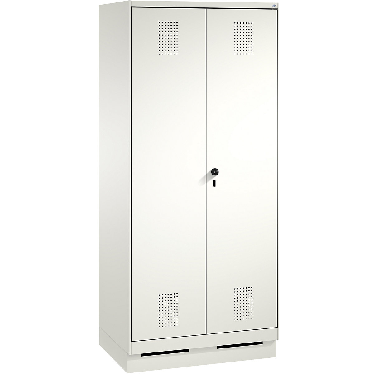 EVOLO storage cupboard, doors close in the middle, with plinth – C+P, 2 compartments, compartment width 400 mm, with 8 shelves, traffic white / traffic white-14