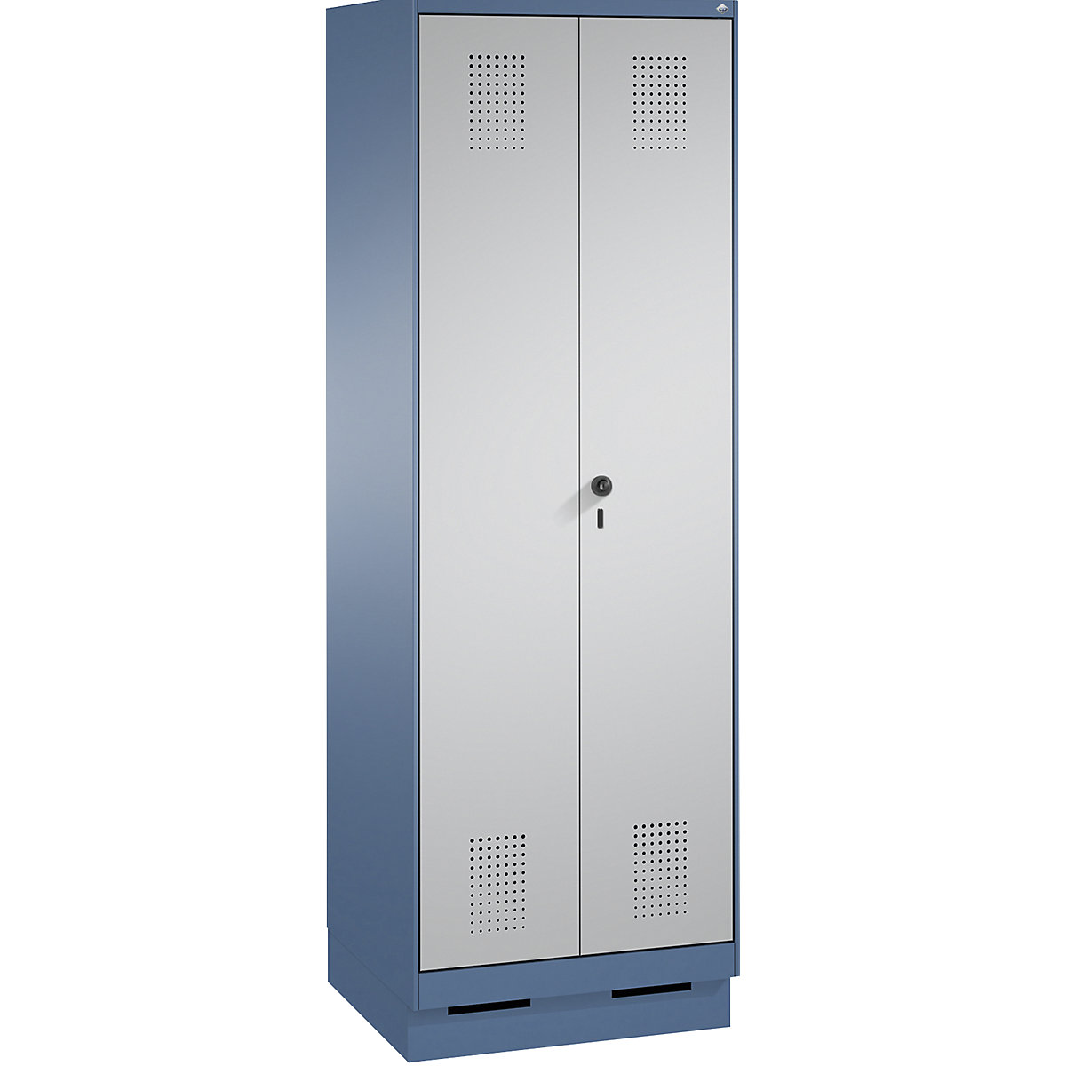 EVOLO storage cupboard, doors close in the middle, with plinth – C+P, 1 compartment, width 600 mm, with 4 shelves, distant blue / white aluminium-2