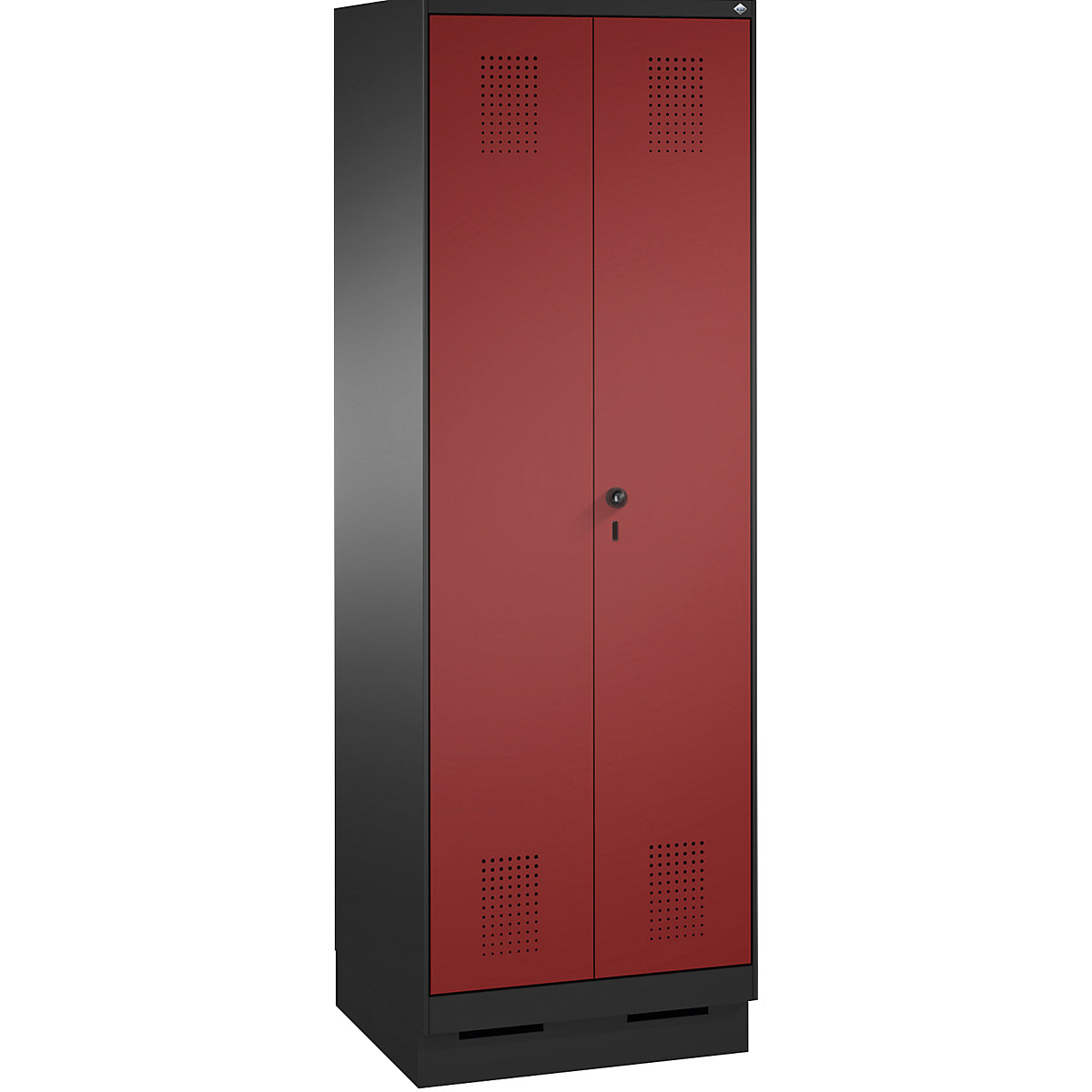 EVOLO storage cupboard, doors close in the middle, with plinth – C+P, 1 compartment, width 600 mm, with 4 shelves, black grey / ruby red-7