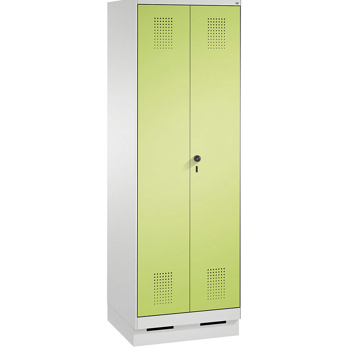 EVOLO storage cupboard, doors close in the middle, with plinth – C+P, 1 compartment, width 600 mm, with 4 shelves, light grey / viridian green-8