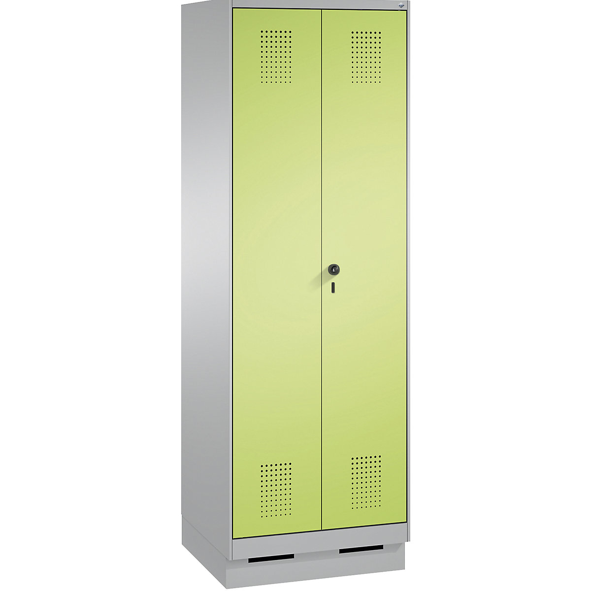 EVOLO storage cupboard, doors close in the middle, with plinth – C+P, 1 compartment, width 600 mm, with 4 shelves, white aluminium / viridian green-5