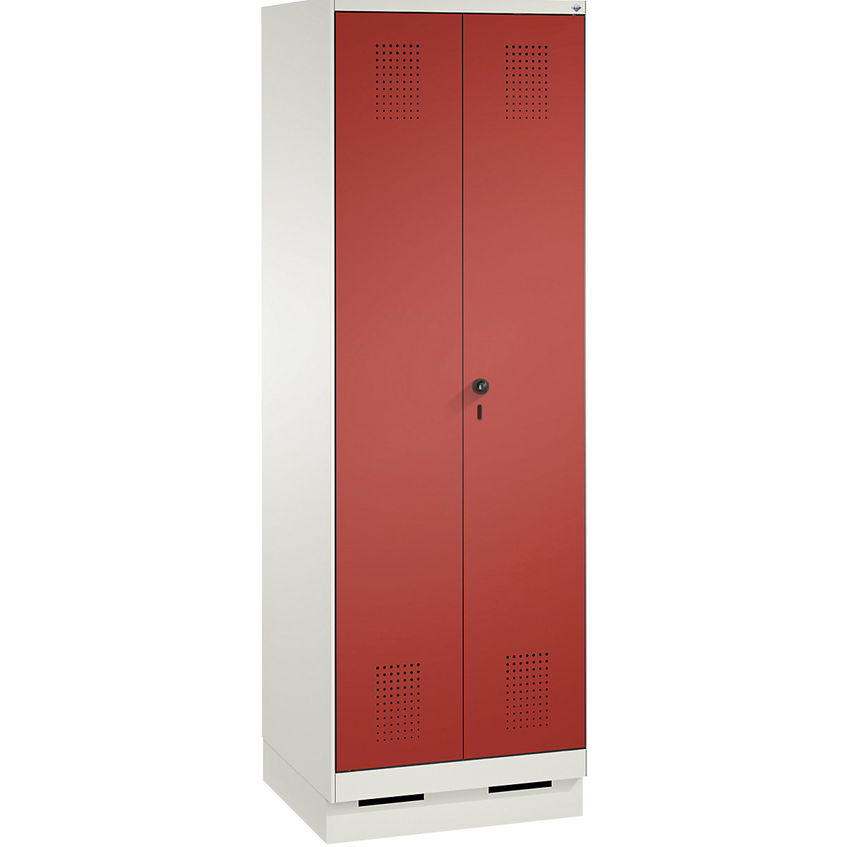 EVOLO storage cupboard, doors close in the middle, with plinth – C+P, 1 compartment, width 600 mm, with 4 shelves, traffic white / flame red-4