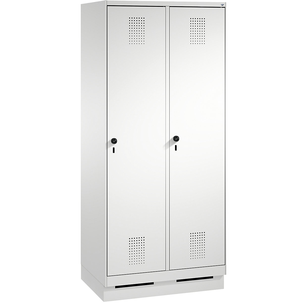 EVOLO storage cupboard, with plinth – C+P, 2 compartments, compartment width 400 mm, with 8 shelves, light grey-14