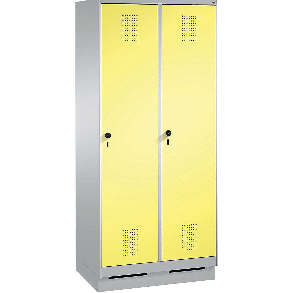 EVOLO storage cupboard, with plinth – C+P, 2 compartments, compartment width 400 mm, with 8 shelves, white aluminium / sulphur yellow-4