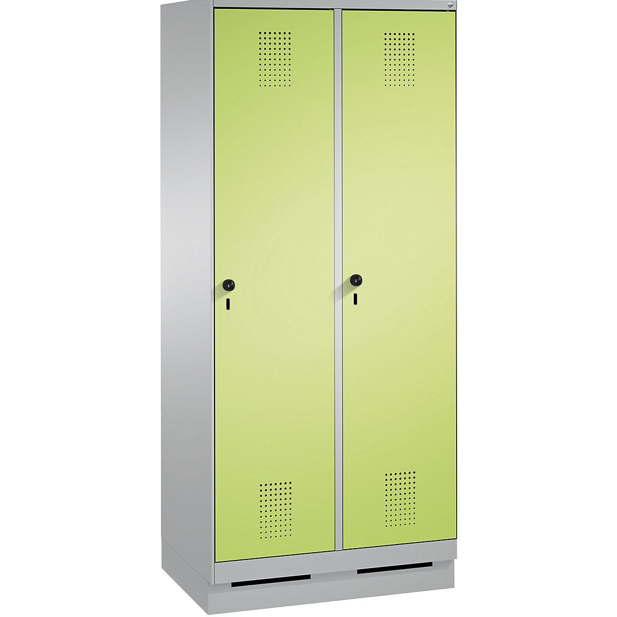 EVOLO storage cupboard, with plinth – C+P, 2 compartments, compartment width 400 mm, with 8 shelves, white aluminium / viridian green-7