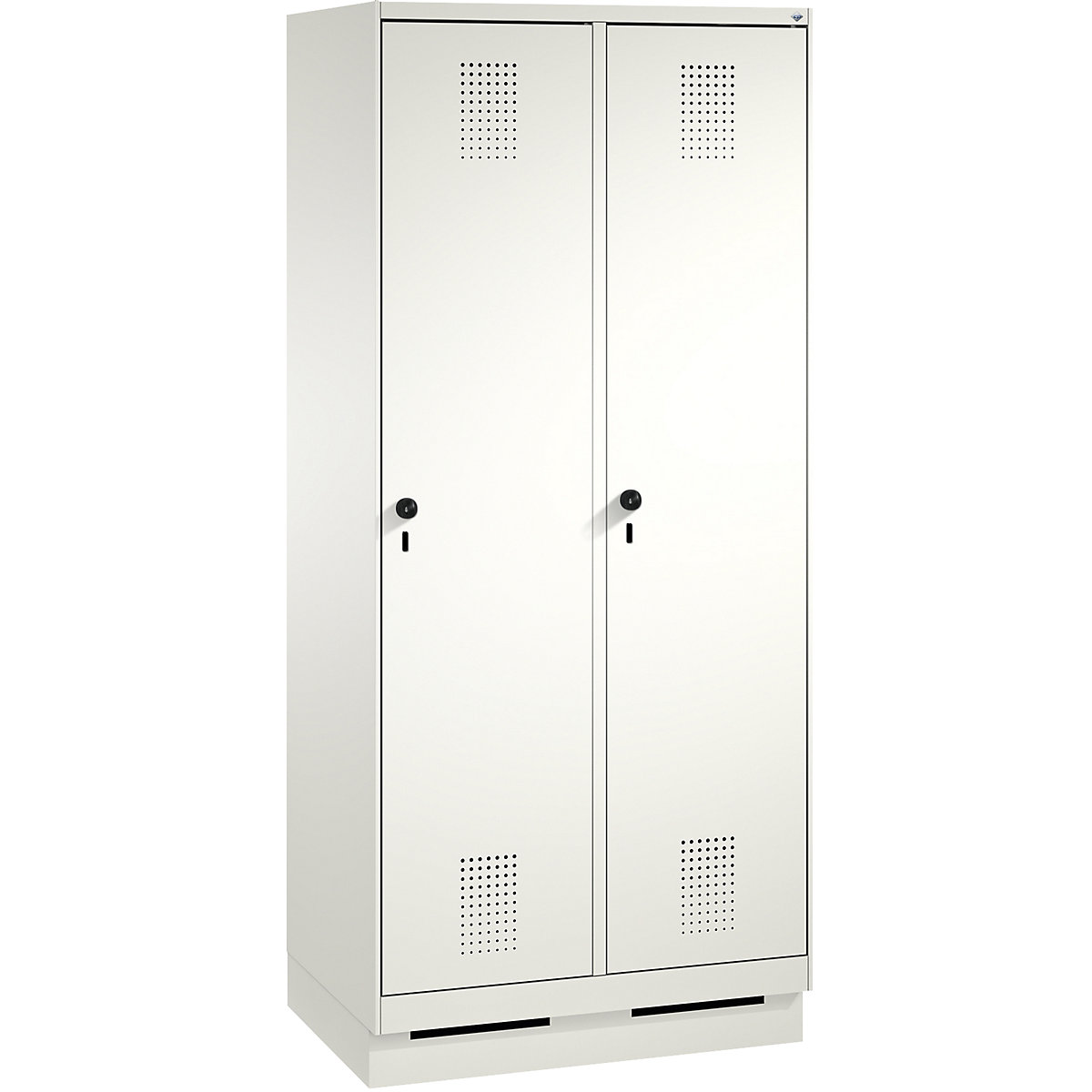 EVOLO storage cupboard, with plinth – C+P, 2 compartments, compartment width 400 mm, with 8 shelves, traffic white / traffic white-5