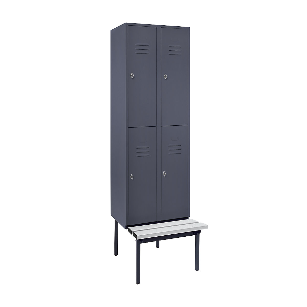 Half-height cloakroom locker with bench base frame – Wolf, 300 mm, 4 compartments, solid wall, blue grey-6
