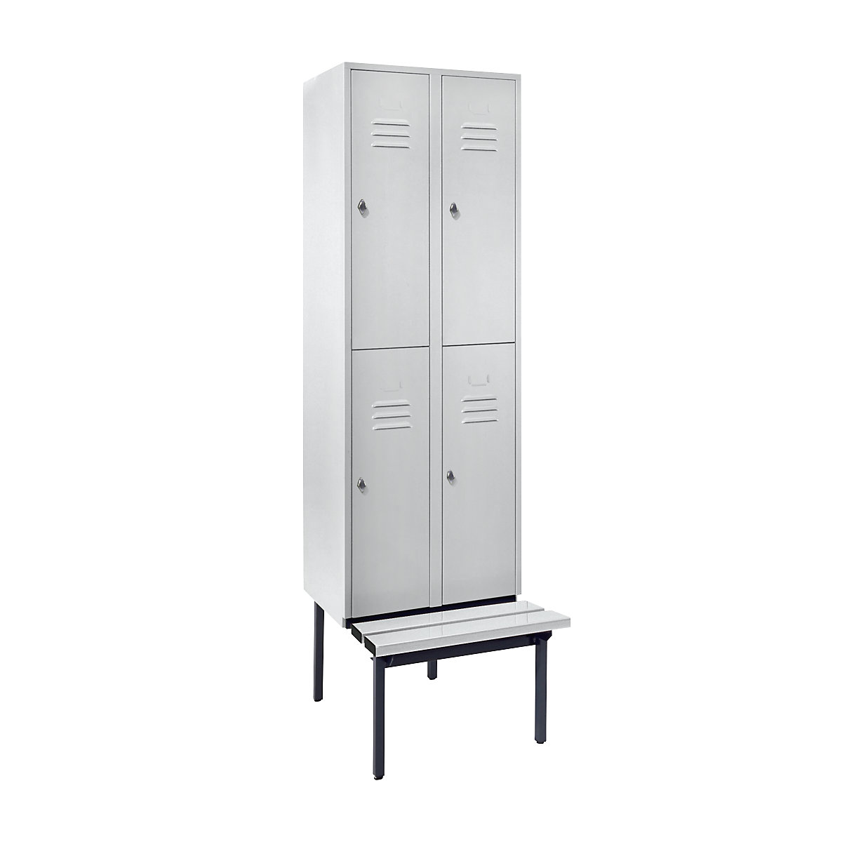 Half-height cloakroom locker with bench base frame – Wolf, 300 mm, 4 compartments, solid wall, light grey-5