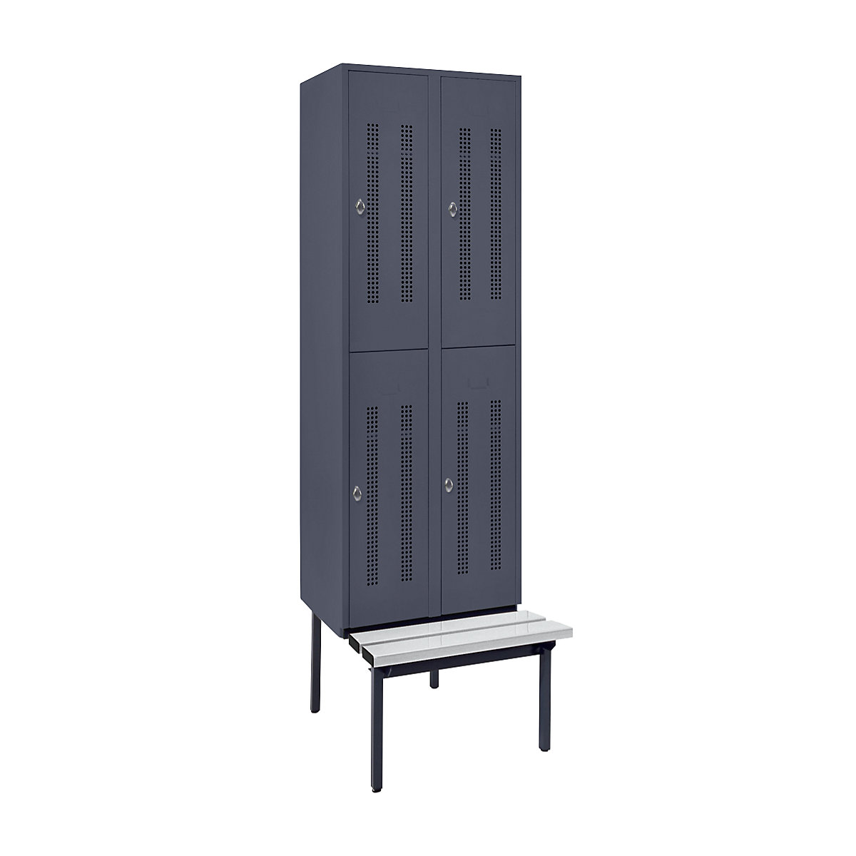 Half-height cloakroom locker with bench base frame – Wolf, 300 mm, 4 compartments, perforated wall, blue grey-4