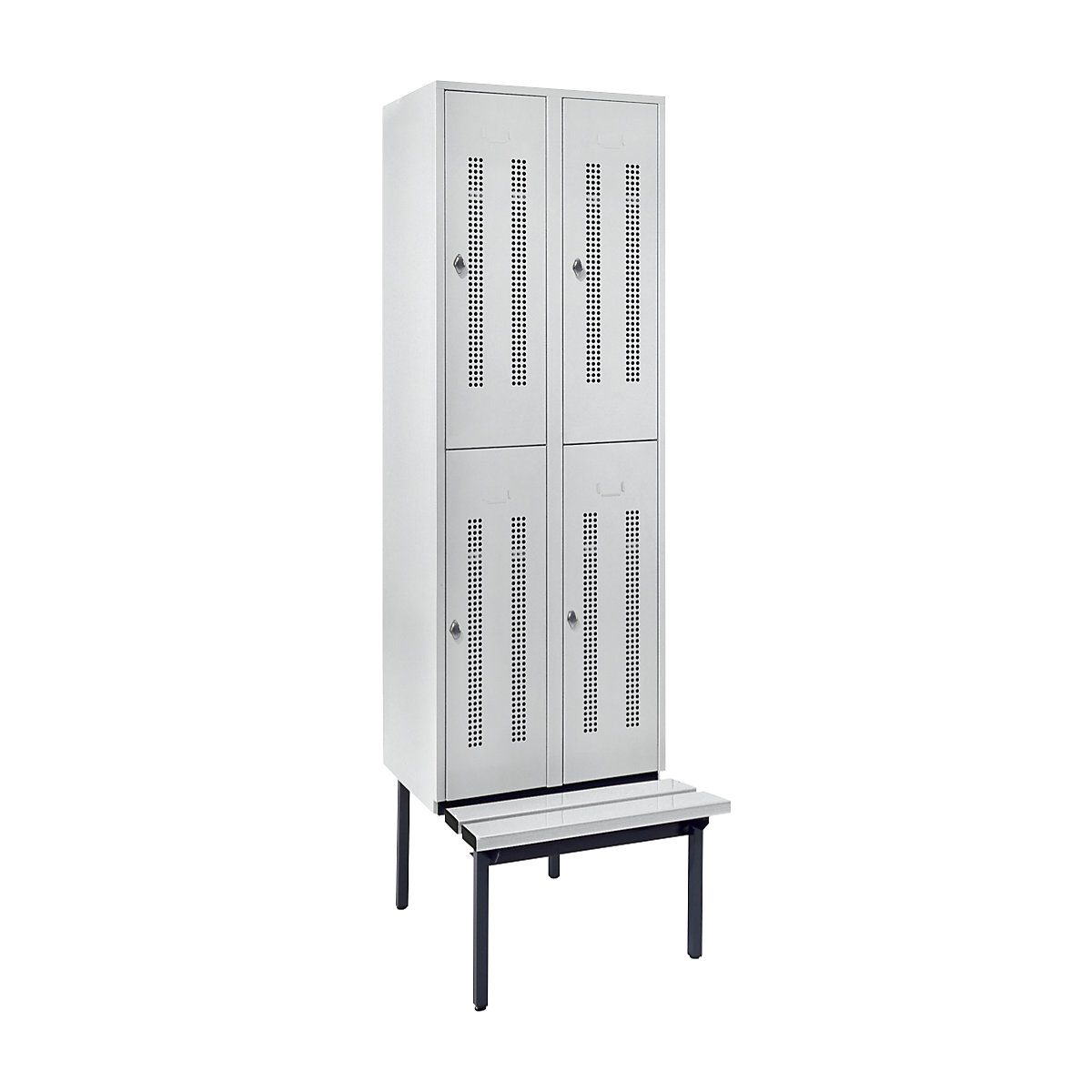 Half-height cloakroom locker with bench base frame – Wolf, 300 mm, 4 compartments, perforated wall, light grey-7