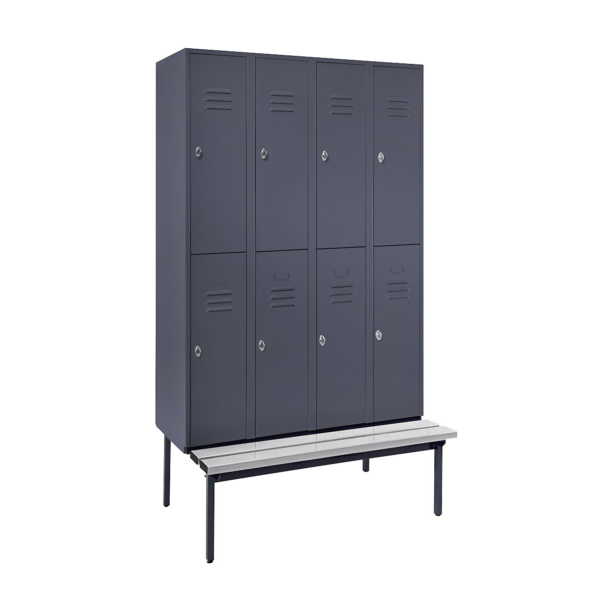 Half-height cloakroom locker with bench base frame – Wolf, 300 mm, 8 compartments, solid wall, blue grey-7