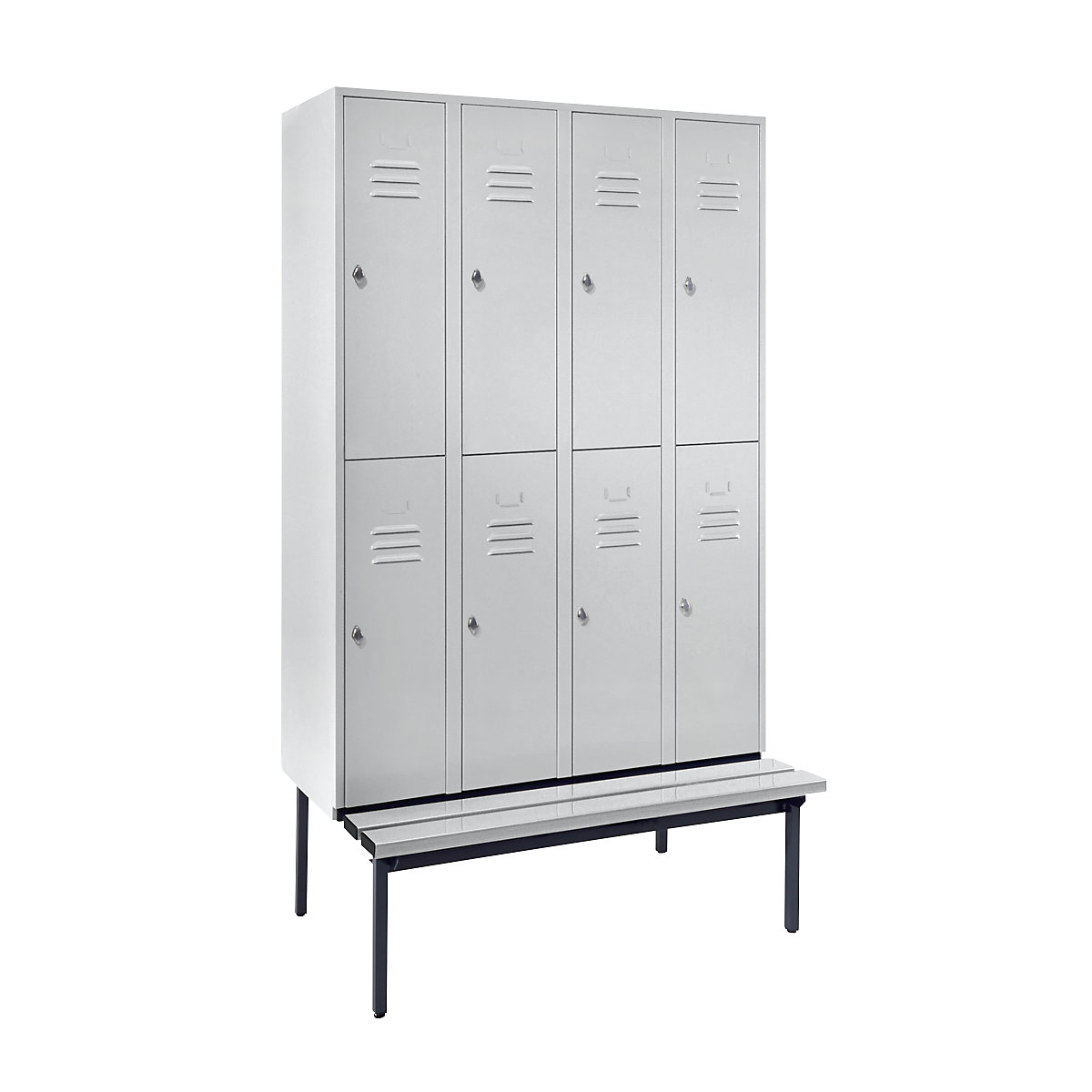 Half-height cloakroom locker with bench base frame – Wolf