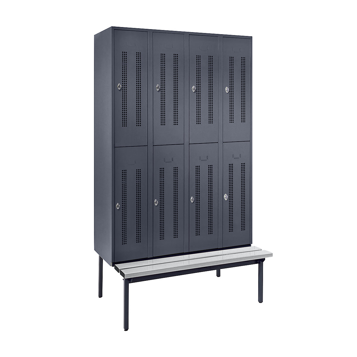 Half-height cloakroom locker with bench base frame – Wolf, 300 mm, 8 compartments, perforated wall, blue grey-2