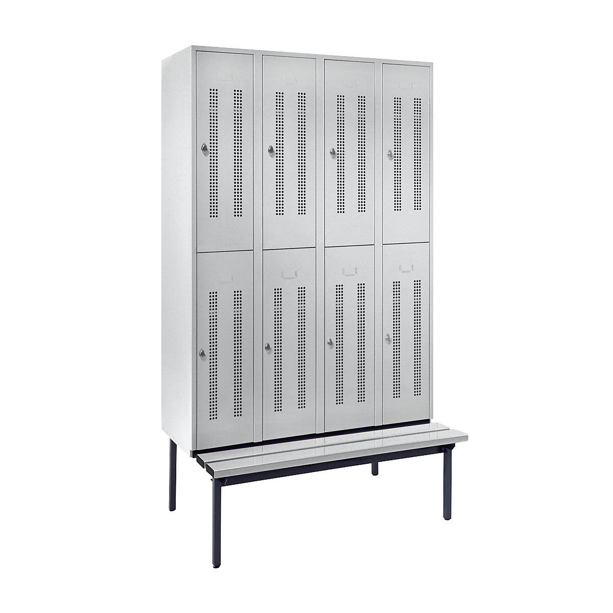 Half-height cloakroom locker with bench base frame – Wolf, 300 mm, 8 compartments, perforated wall, light grey-5