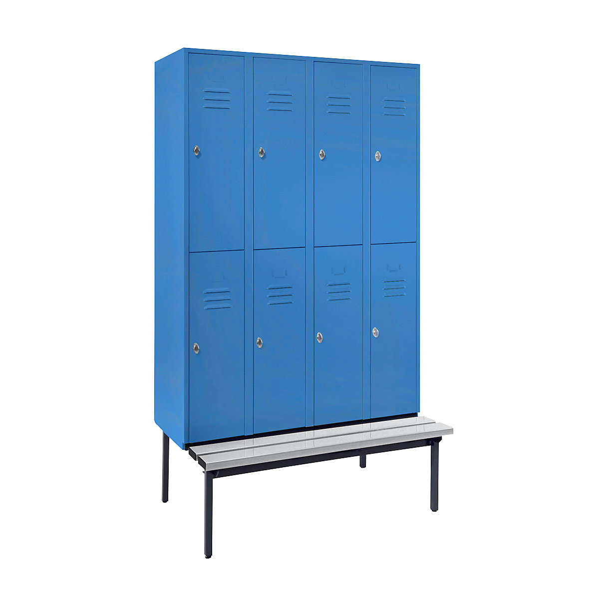 Half-height cloakroom locker with bench base frame – Wolf, 300 mm, 8 compartments, solid wall, light blue-6