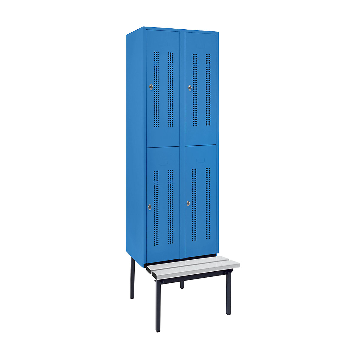 Half-height cloakroom locker with bench base frame – Wolf, 300 mm, 4 compartments, perforated wall, light blue-2