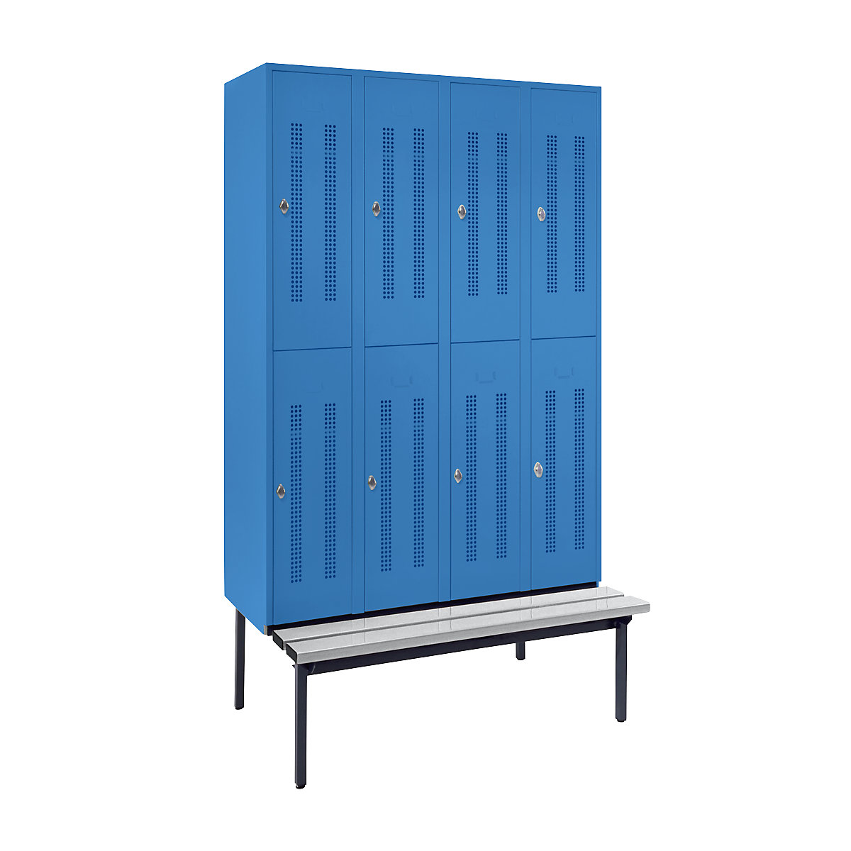 Half-height cloakroom locker with bench base frame – Wolf, 300 mm, 8 compartments, perforated wall, light blue-3