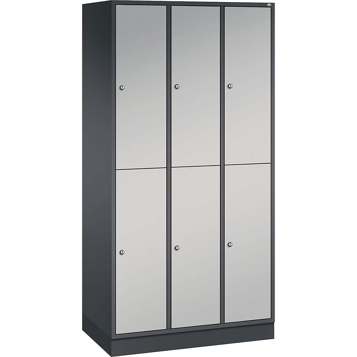 INTRO double tier steel cloakroom locker – C+P, WxD 920 x 500 mm, 6 compartments, black grey body, white aluminium doors