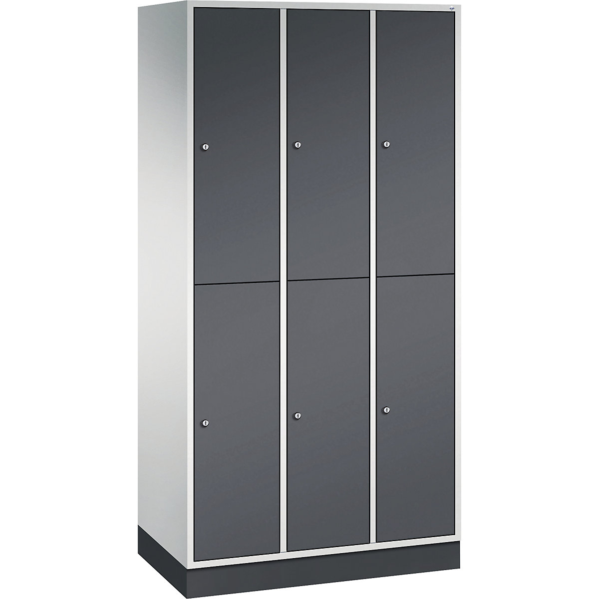 INTRO double tier steel cloakroom locker – C+P, WxD 920 x 500 mm, 6 compartments, light grey body, black grey doors