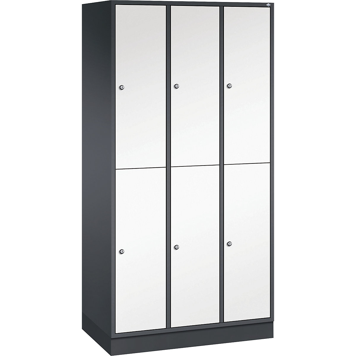 INTRO double tier steel cloakroom locker – C+P, WxD 920 x 500 mm, 6 compartments, black grey body, pure white doors