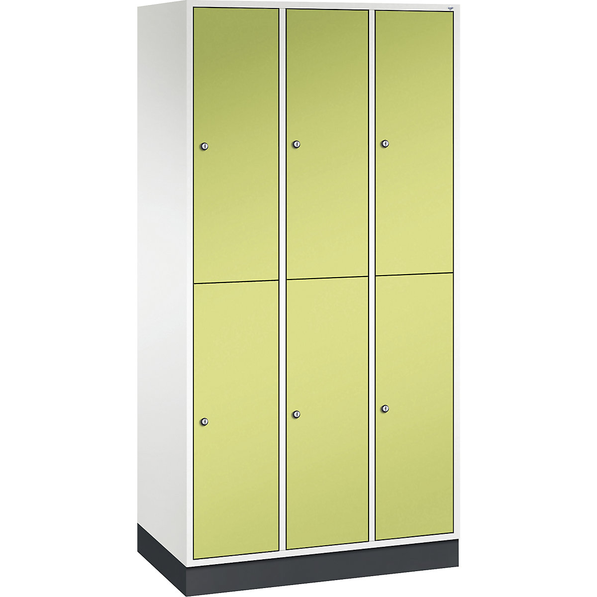 INTRO double tier steel cloakroom locker – C+P, WxD 920 x 500 mm, 6 compartments, pure white body, viridian green doors