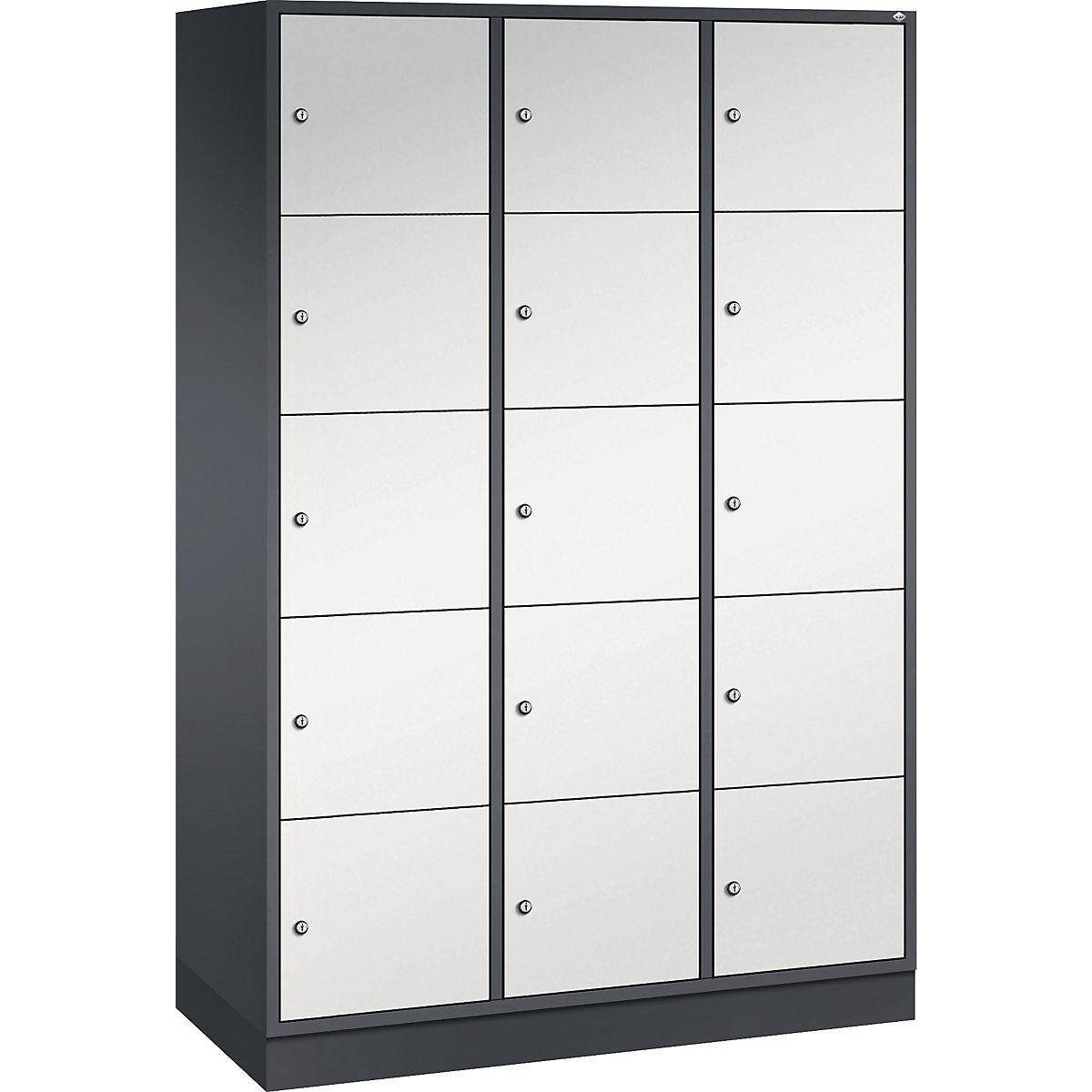 INTRO steel compartment locker, compartment height 345 mm – C+P, WxD 1220 x 500 mm, 15 compartments, black grey body, light grey doors