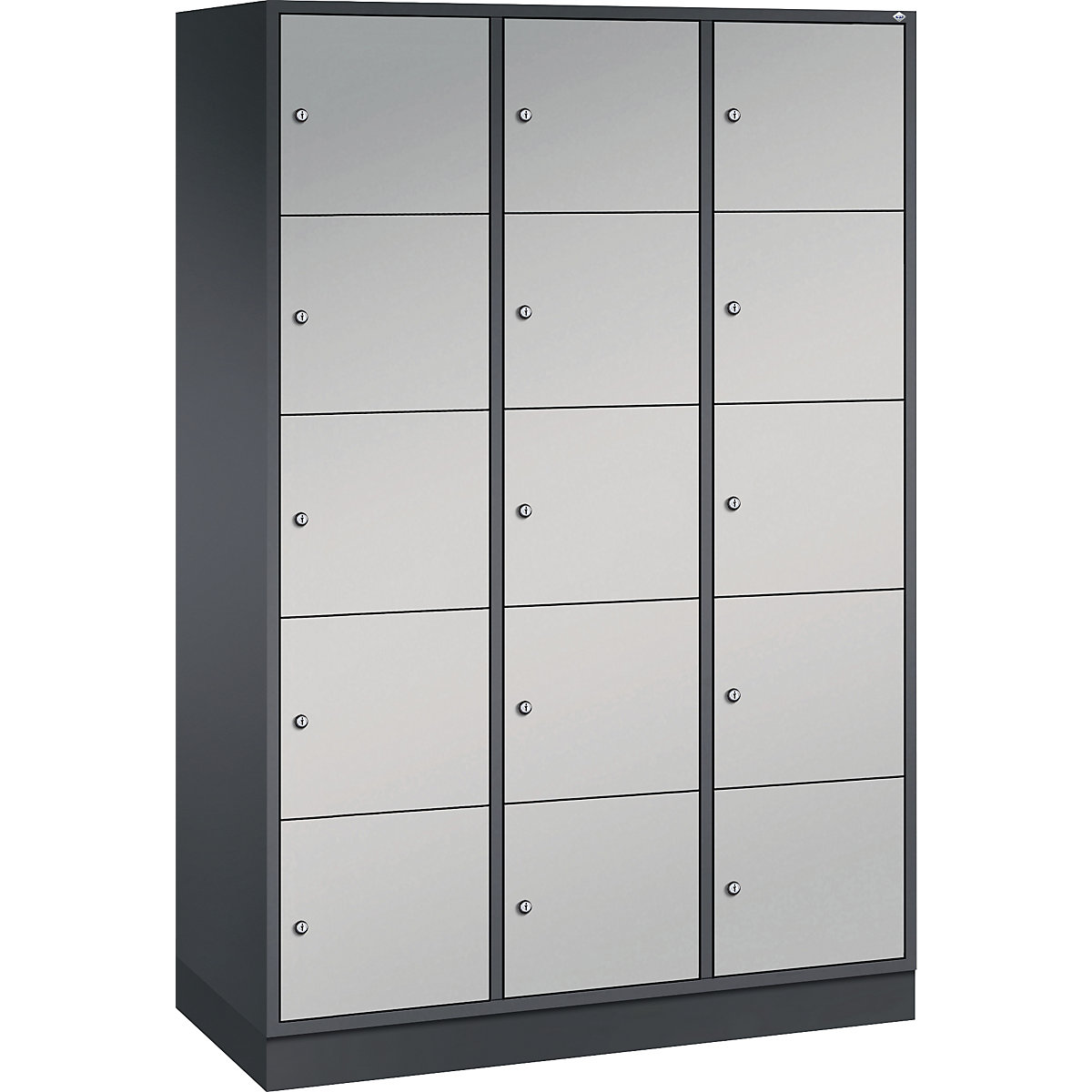 INTRO steel compartment locker, compartment height 345 mm – C+P, WxD 1220 x 500 mm, 15 compartments, black grey body, white aluminium doors