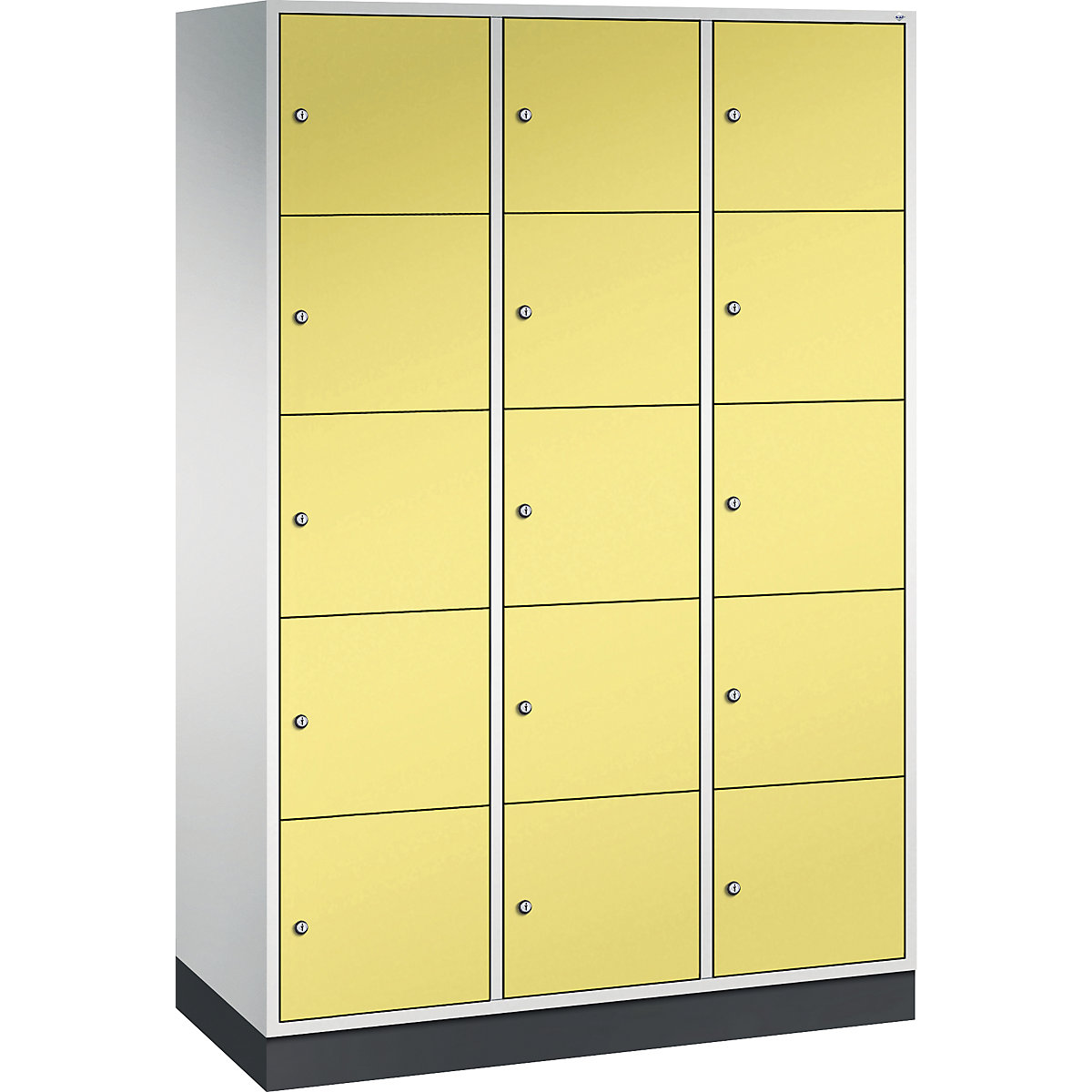 INTRO steel compartment locker, compartment height 345 mm – C+P, WxD 1220 x 500 mm, 15 compartments, light grey body, sulphur yellow doors