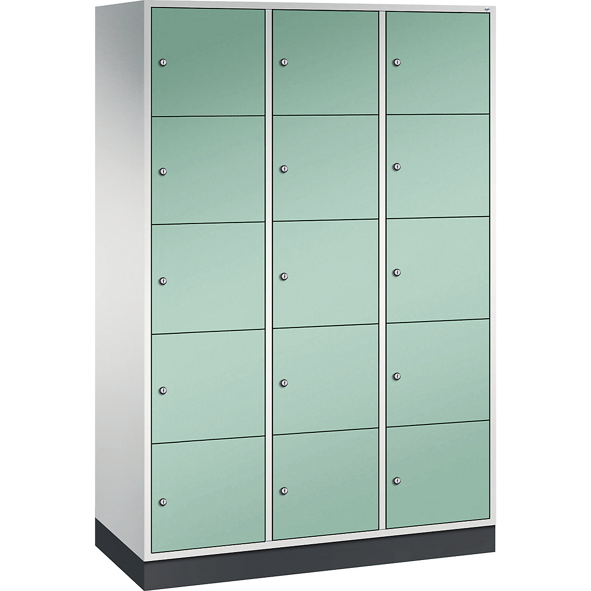 INTRO steel compartment locker, compartment height 345 mm – C+P, WxD 1220 x 500 mm, 15 compartments, light grey body, light green doors