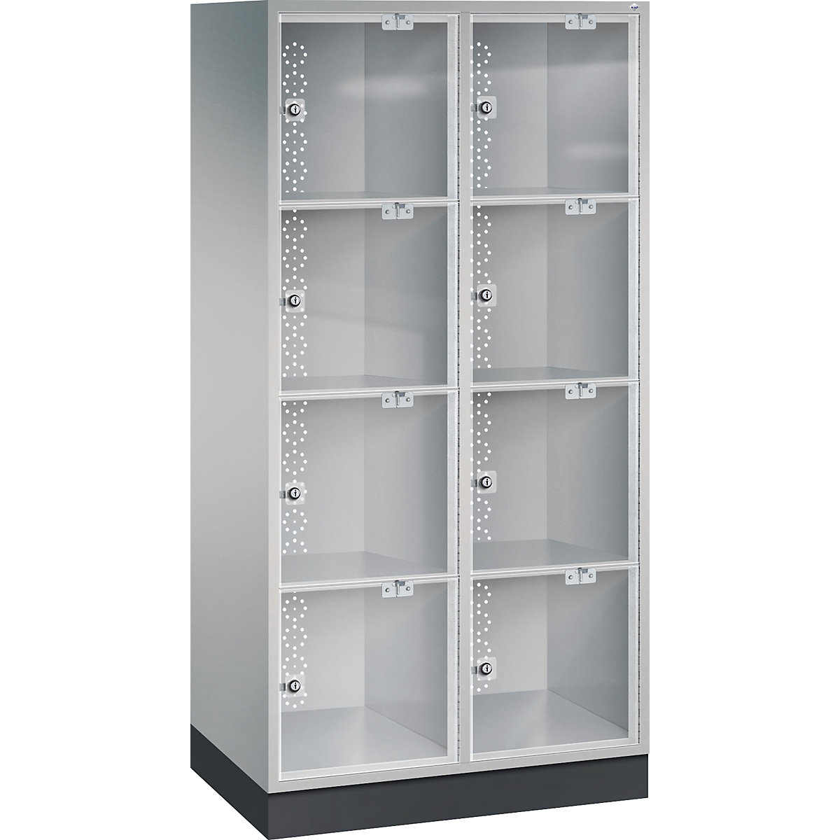 INTRO steel compartment locker with acrylic glass door – C+P, HxWxD 1750 x 820 x 500 mm, compartment height 380 mm, 8 compartments, white aluminium body
