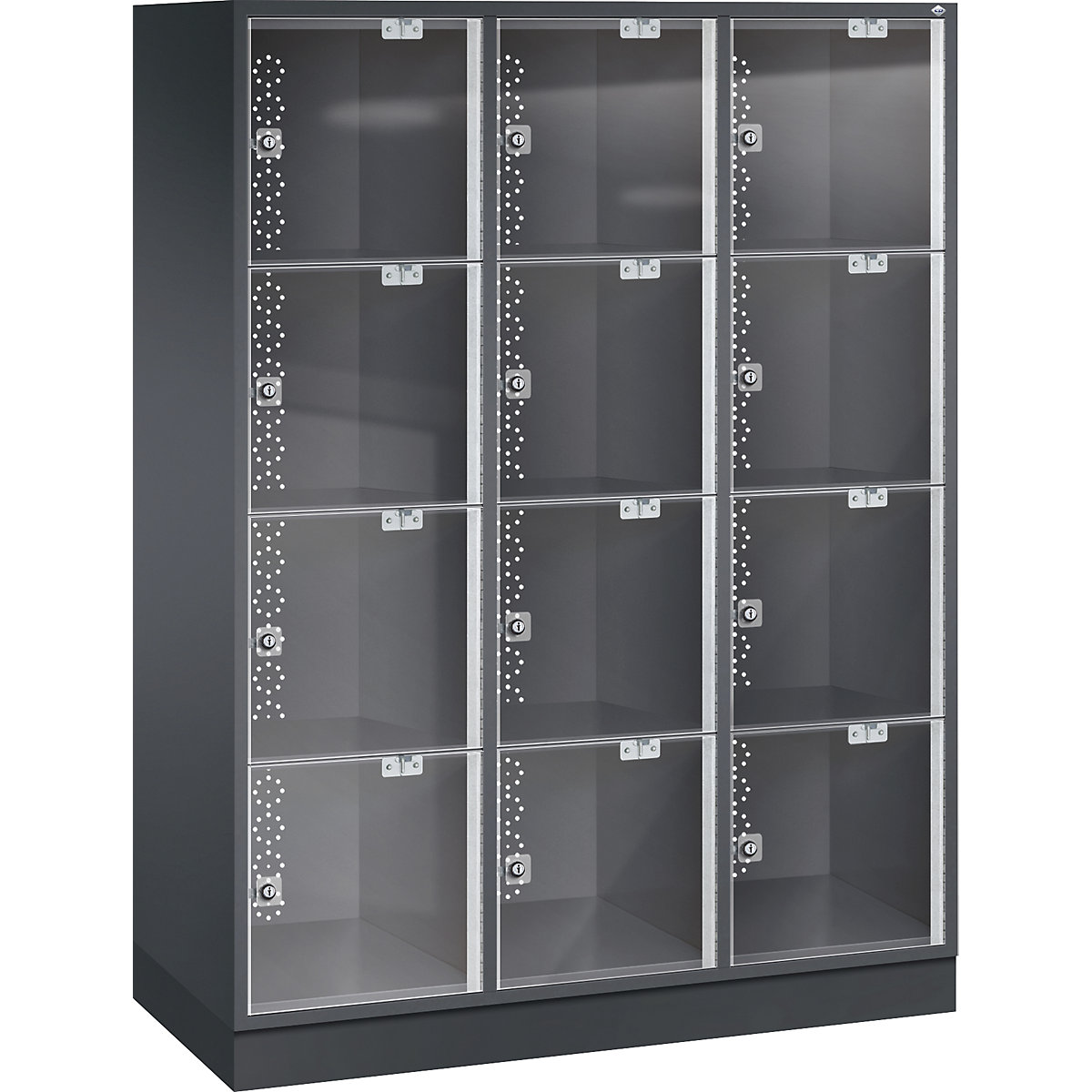 INTRO steel compartment locker with acrylic glass door – C+P, HxWxD 1750 x 1220 x 500 mm, compartment height 380 mm, 12 compartments, black grey body