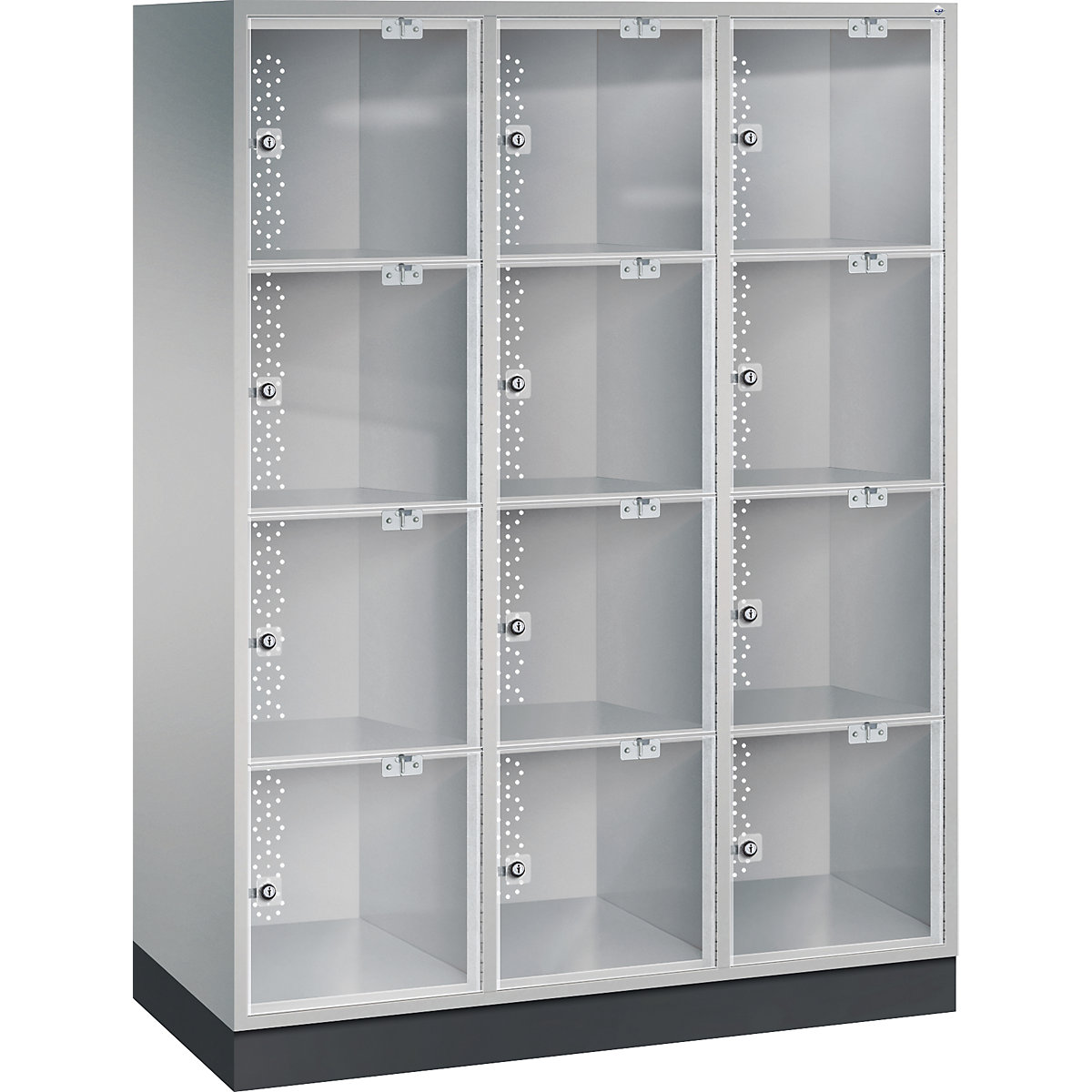 INTRO steel compartment locker with acrylic glass door – C+P, HxWxD 1750 x 1220 x 500 mm, compartment height 380 mm, 12 compartments, white aluminium body