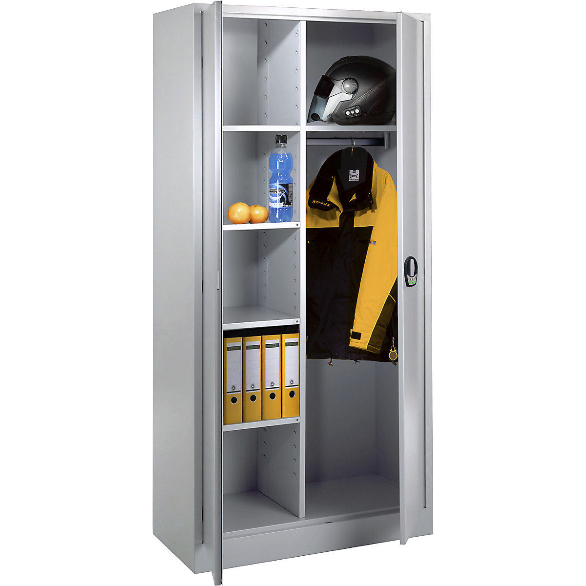 Multi-purpose cloakroom cupboard with E lock – Wolf, with solid panel doors, light grey / light grey-3