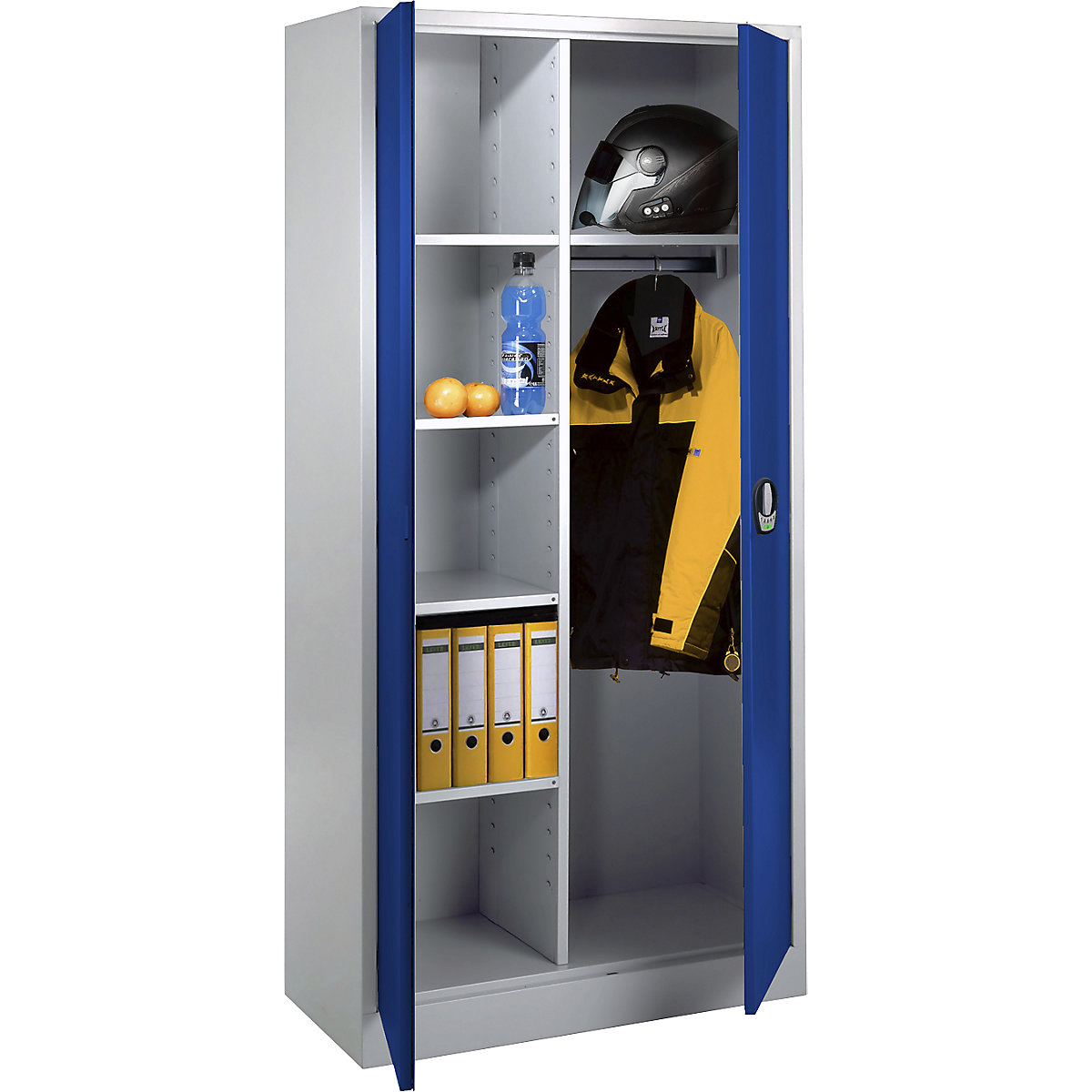 Multi-purpose cloakroom cupboard with E lock – Wolf, with solid panel doors, light grey / gentian blue-4