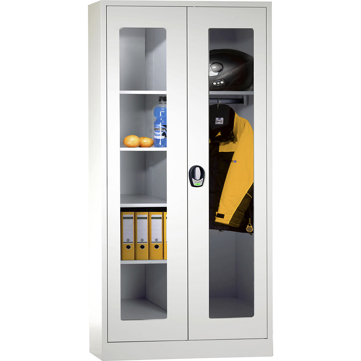 Multi-purpose cloakroom cupboard with E lock – Wolf, with vision panel doors, light grey / light grey