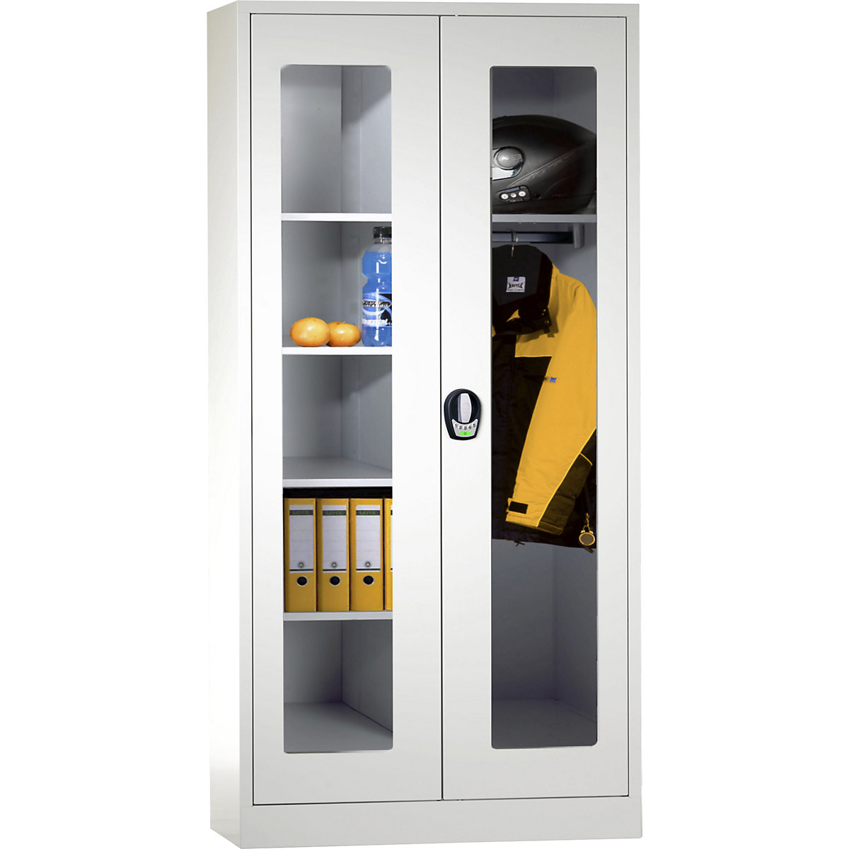 Multi-purpose cloakroom cupboard with E lock – Wolf, with vision panel doors, light grey / light grey-3