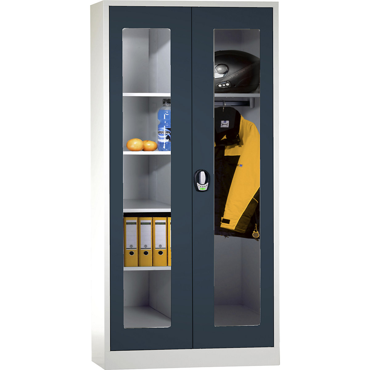 Multi-purpose cloakroom cupboard with E lock – Wolf, with vision panel doors, light grey / charcoal